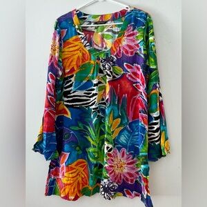 Jams World VTG  Colorful Tropical Floral Tunic Top Womens Sz Large Garden Bliss